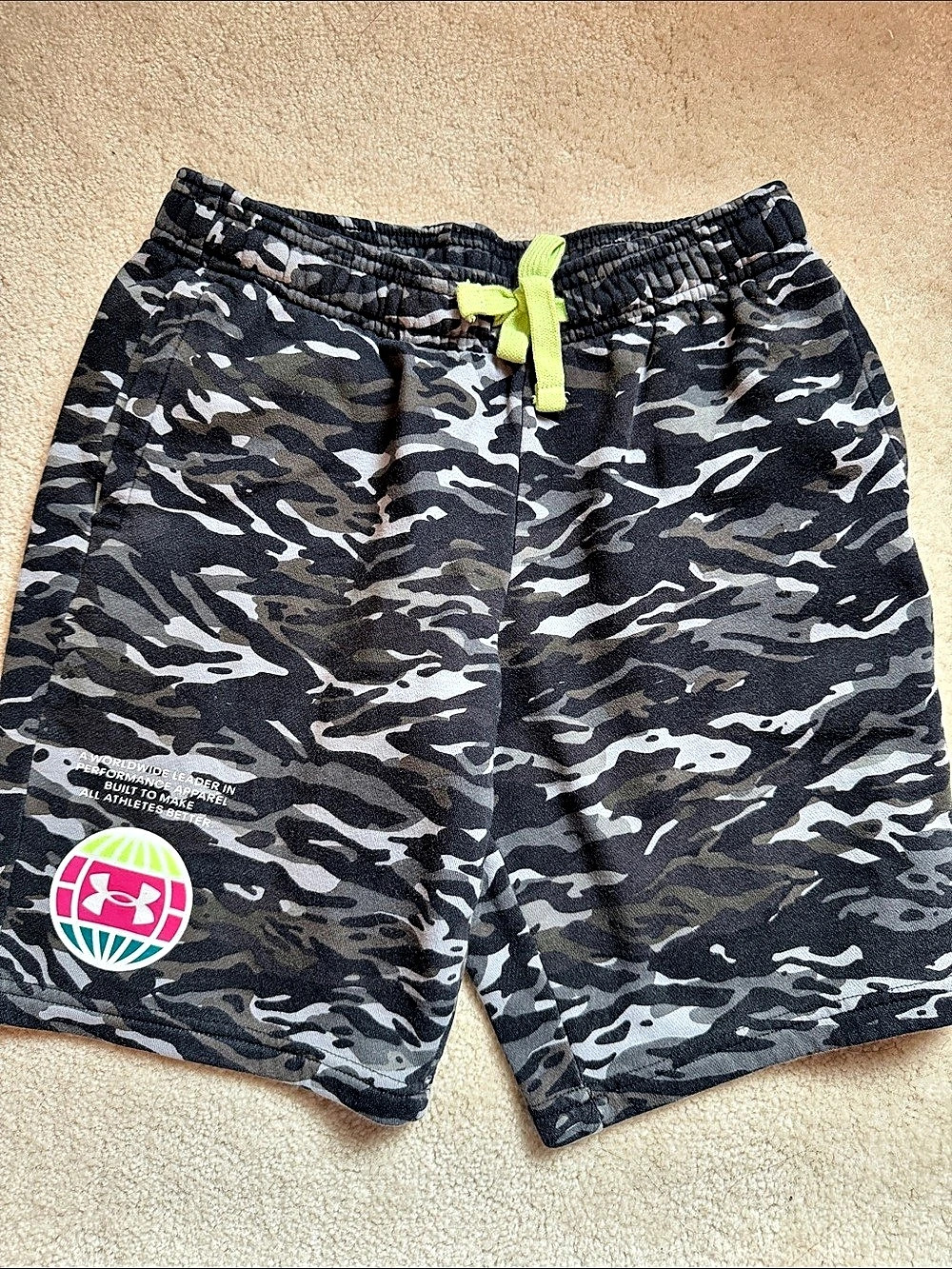 Under Armour Boy’s Camo Sweatpant Shorts in Black & Gray